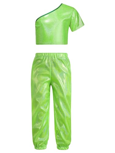 winying Kinder Mädchen Glänzend Hip Hop Kleidung Metallic Crop Top +Tanz Hosen Sport Gymnastikanzug Turnanzug Zweiteiler Tanz Sport Outfit Leuchtendes Grün 122-128 von winying