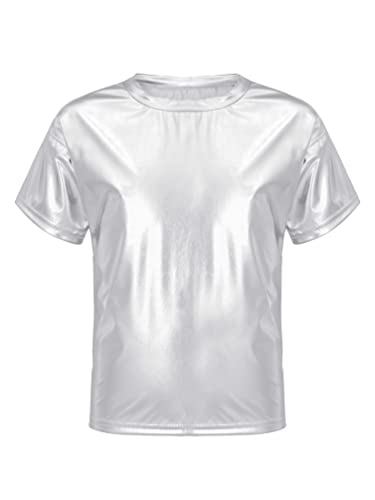 winying Kinder Mädchen Glänzend Metallic T-Shirt Kurzarm Rundhals Tanz Shirt Sportshirt Kurz Oberteil Unterhemd Sommer Hip Hop Tanz Oberteile Silber 134-140 von winying