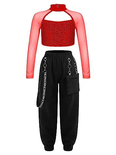 winying Kinder Mädchen Glänzend Tanz Outfit Langarm Pailletten Crop Top mit Cargo Hose Teenager Freizeitanzug Sport Kleidungsset Rot 146-152/11-12 Jahre von winying