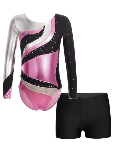 winying Kinder Mädchen Turnanzug Zweiteiler Langarm Trikotanzug Tanz Leotards Gymnastikbody mit Shorts Gymnastikanzug Trikotanzug Tanzkostüm Rosa 122-128 von winying