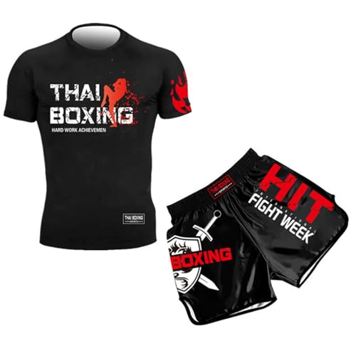 winying Kinder Muay Thai Sanda Boxanzug Set Jungen Kurzarm Boxen T-Shirt +Boxing Shorts Kampfsporttraining Tragen Sportbekleidung Rot 134-140 von winying