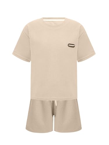 winying Kinder Sommer Bekleidungsset Jungen T Shirt +Kurze Hosen Zweiteiliger Casual Sportanzug Gym Fitness Outfits Beige 98-104 von winying