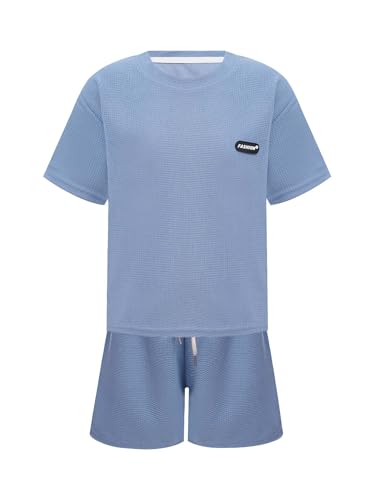 winying Kinder Sommer Bekleidungsset Jungen T Shirt +Kurze Hosen Zweiteiliger Casual Sportanzug Gym Fitness Outfits Blau 146-152 von winying