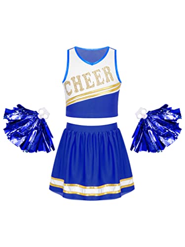 winying Kinderkostüm Cheer leader Mädchen Cheerleading Kostüm Schulmädchen Uniform Crop Top kurzer Faltenrock Minirock Tanz Outfits mit Pompoms Blau B 146-152 von winying