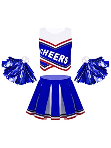 winying Kinderkostüm Cheer leader Mädchen Cheerleading Kostüm Schulmädchen Uniform Crop Top kurzer Faltenrock Minirock Tanz Outfits mit Pompoms Königsblau A 122-128 von winying