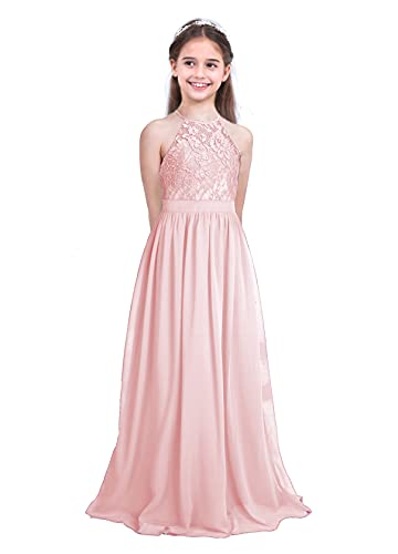 winying Mädchen Chiffon Maxikleid Neckholder Spitzen Partykleid Bodenlang Sommer Abendkleid Empire Taille Cocktailkleid Rosa 152 von winying