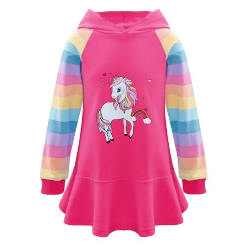 winying Mädchen Einhörner Kleid Langärmelliges Freizeitkleid Sweatshirt mit Kapuze Cartoon Motiv Winterkleid Kinder Prinzessin Outfits Rose C 6-7 Jahre von winying