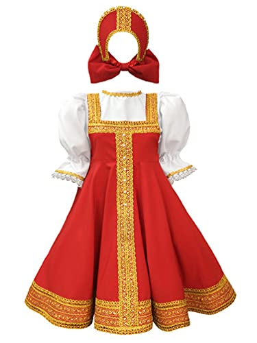 winying Mädchen Festlich Kleider Russische Traditionelle Uniformen Puffärmel Vintage Retro Bluse Top Partykleid mit Kopfbedeckung Rot 122-128 von winying