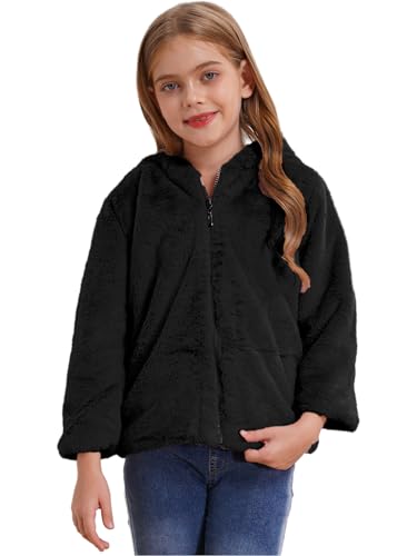 winying Mädchen Fleecejack Winterjacke Kunstpelz Jacke mit Kapuze Kinder Herbst Winter Warm Mantel Kapuzenpullover Wintermantel Outwear Schwarz 134-140 von winying