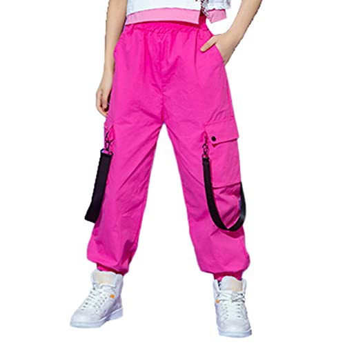 winying Mädchen Jungen Cargo Hosen lang Chino Sporthose Locker Freizeithose Jogginghose Trainingshose mit Taschen Dehnbund Beinabschluss Jazz Hip Hop Pants Tanzkleidung S Hot Pink 134-140 von winying