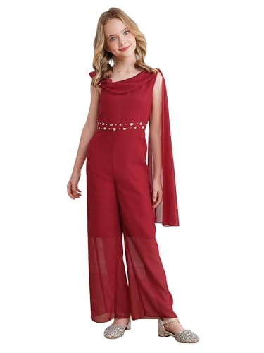 winying Mädchen Kleider Festliches Prinzessin Blumenmädchenkleid Lang Ärmellos Party Ballkleid Hochzeit Festzug Chiffon Overlay Boyshorts Jumpsuit Burgundy A 134-140 von winying