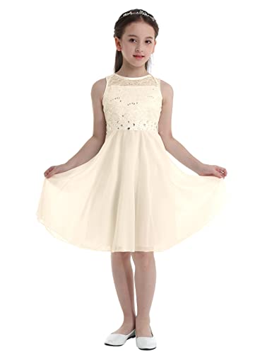 winying Mädchen Kleider Sommer Elegant Blumenmädchenkleider für Hochzeit Ärmellos Partykleider Kommunionkleid Kinderkleidung Gr.104-164 Beige 14 Jahre von winying