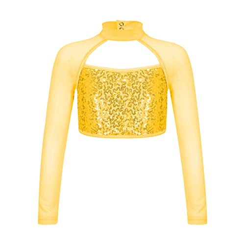 winying Mädchen Langarm Shirt Rollkragen Bluse Kinder Pailletten Ballett Tanz Oberteil Kurz Bauchfrei Bustier Top Einfarbig Gold C 134-140 von winying