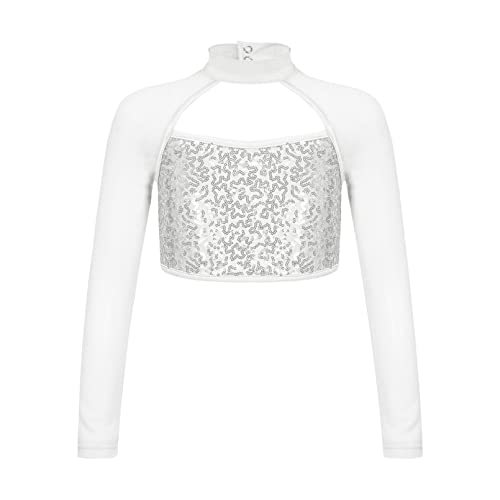 winying Mädchen Langarm Shirt Rollkragen Bluse Kinder Pailletten Ballett Tanz Oberteil Kurz Bauchfrei Bustier Top Einfarbig Silber C 134-140 von winying