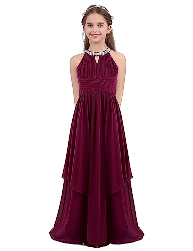 winying Mädchen Lange Kleider Festlich Sommer Pailletten Neckholder Partykleid Bodenlang Maxi Brautjungfernkleid Abendkleider Burgundy 140 von winying