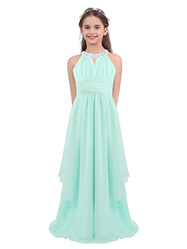 winying Mädchen Lange Kleider Festlich Sommer Pailletten Neckholder Partykleid Bodenlang Maxi Brautjungfernkleid Abendkleider Mintgrün 146-152 von winying