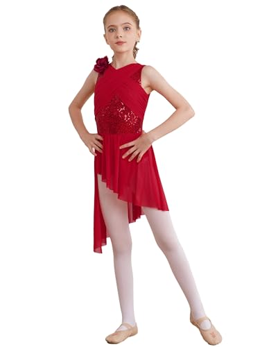 winying Mädchen Lyrische Tanzkleider Glänzend Ballettkleid Ärmellos Rollschuhkleid Ballett Trikot mit Chiffon Rock Tanzbekleidung Burgundy A 134-140 von winying