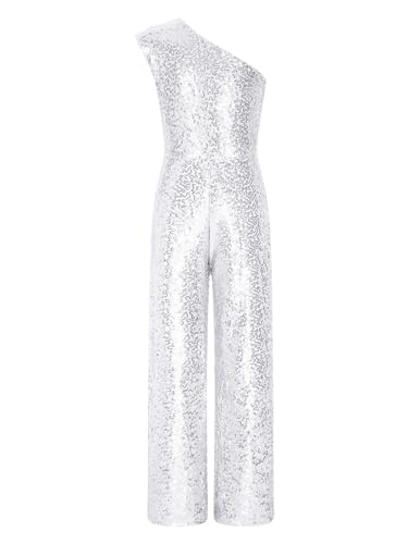 winying Mädchen Pailletten Jumpsuit Eine Schulter Hosenanzug Elegant Festlich Overall Hohe Taille Gerade Hosen Hochzeit Partykleidung Silber 146-152 von winying