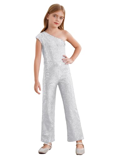 winying Mädchen Pailletten Jumpsuit Eine Schulter Hosenanzug Elegant Festlich Overall Hohe Taille Gerade Hosen Hochzeit Partykleidung Silber 146-152 von winying