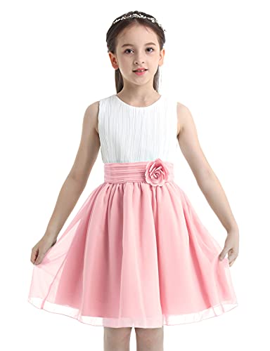 winying Mädchen Partykleid Elegant Sommer Rundhalsausschnitt Kleider Blumenmädchenkleid Brautjungfernkleid Hochzeitskleid Kommunionkleid gr. 104-164 Weiß&Rosa 104 von winying