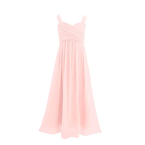 winying Mädchen Sommer Brautjungfern Kleid Elegant Spaghetti Träger Partykleid Vorne Kurz Hinten Lang Chiffon Festkleider Rosa B 134-140 von winying