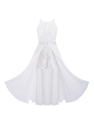 winying Mädchen Spitzen Kleider Elegant Partykleid Kurz Jumpsuit mit Maxi Chiffon Rock mit Schlitz Abendkleid Latein Swing Stardard Tanzkleid Weiß 128 von winying