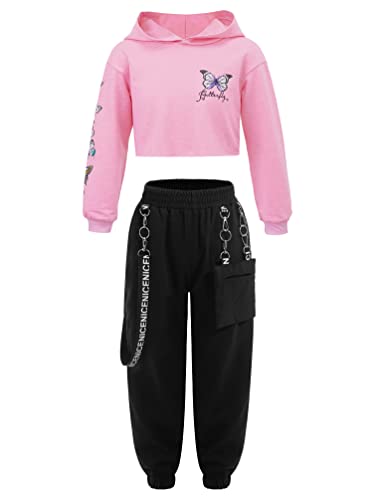 winying Mädchen Sportbekleidung Set 2tlg Kinder Hip Hop Street Dance Outfit Jogginganzug Yoga Fitness Langarm Crop Top Oberteil mit Leggings Sportanzug Rosa 134-140 von winying