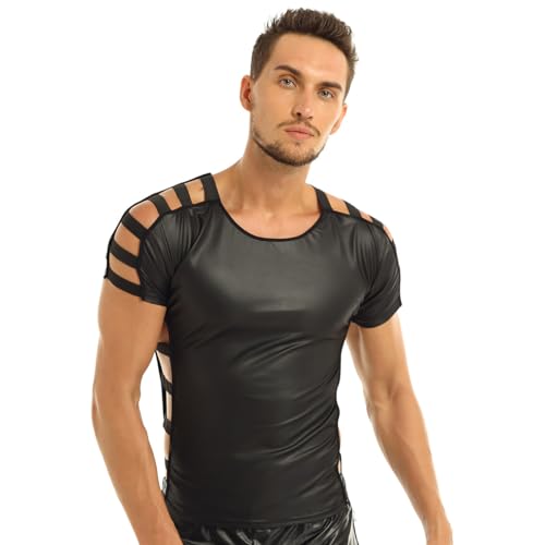 winying Männer Lack Leder Tank Tops Unterhemd Wetlook Shirts Kurze Mesh Ärmel Rollkragen Oberteile Nachtclub Bar Outfits Schwarz I L von winying