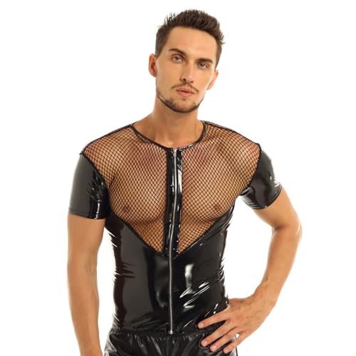 winying Männer Lack Leder Tank Tops Unterhemd Wetlook Shirts Kurze Mesh Ärmel Rollkragen Oberteile Nachtclub Bar Outfits Schwarz J M von winying