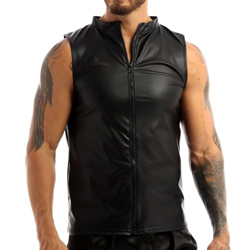 winying Männer Lack Leder Tank Tops Unterhemd Wetlook Shirts Kurze Mesh Ärmel Rollkragen Oberteile Nachtclub Bar Outfits Schwarz K M von winying