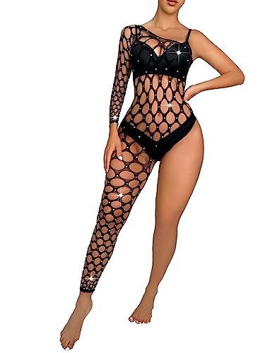 winying Sexy Bodystocking für Damen Elastisch Babydoll Netz Catsuit Langarm Transparent Negligees Netzmusterung Netzbody Dessous Catsuit Schwarz Einheitsgröße von winying