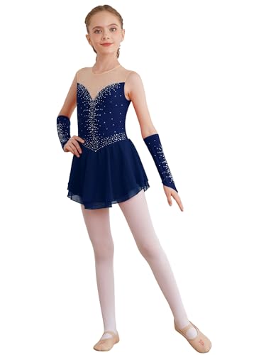 winying Tanzkleid Mädchen Pailletten Eiskunstlauf Kleid Kinder Ärmelloses Ballettkleid Tanztrikot mit Handschuhen Tanz Trikot Ballettanzug Leotard Navy blau 158-164 von winying