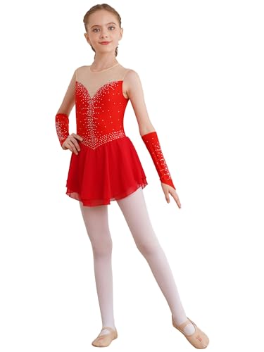 winying Tanzkleid Mädchen Pailletten Eiskunstlauf Kleid Kinder Ärmelloses Ballettkleid Tanztrikot mit Handschuhen Tanz Trikot Ballettanzug Leotard Rot 122-128 von winying