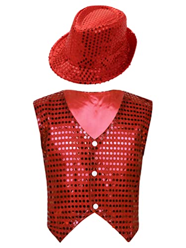 winying Unisex Kinder Weste Jungen Mädchen Pailletten Festlich Smoking Weste Mit Hut Ärmellos Jacke Jazz Disco Hip Hop Outfits TazzKleidung Rot 164-170 von winying