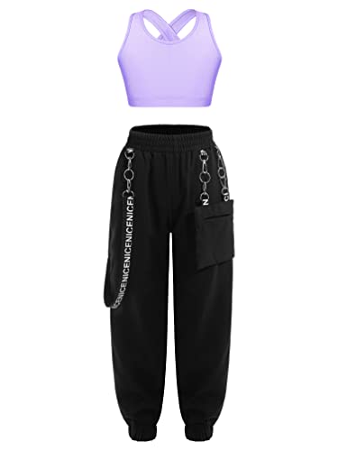 winying Zweiteiler Mädchen Hip Hop Kleidung Ärmellos Tank Top mit Schlaghose Sweatpants Tanzen Outfit Streetwear Lavendel 134-140/9-10 Jahre von winying