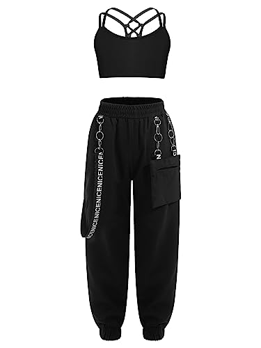 winying Zweiteiler Mädchen Hip Hop Kleidung Ärmellos Tank Top mit Schlaghose Sweatpants Tanzen Outfit Streetwear Schwarz A 146-152 von winying