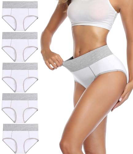 wirarpa Damen Baumwolle Unterhosen Hohe Taille Unterwäsche Bequeme Slips für Frauen Weiß 5er-Pack L von wirarpa