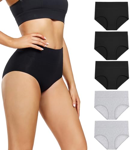 wirarpa Damen Unterhosen Baumwolle Slips Damen Hoher Taille Atmungsaktive Taillenslip Wochenbett Unterwäsche Mehrpack Größen 32-58, 3schwarz, 2grau-5er Pack, X-Large (46/48) von wirarpa