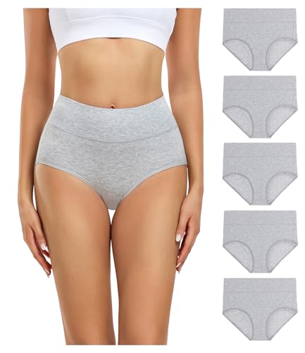 wirarpa Damen Unterhosen Baumwolle Slips Damen Hoher Taille Atmungsaktive Taillenslip Wochenbett Unterwäsche Mehrpack Größen 32-58, Grau-5er Pack, Large (42/44) von wirarpa