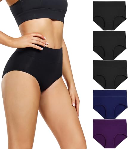 wirarpa Damen Unterhosen Baumwolle Unterwäsche Hohe Taille Slips Hoher Taillenslip für Frauen 5er Pack 3Schwarz, 1Blau, 1Lila Größe 4XL von wirarpa