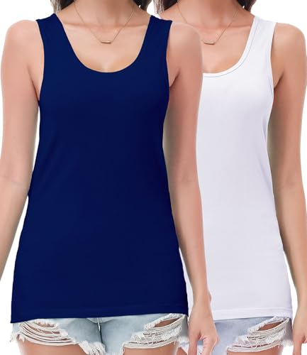 wirarpa Tanktop Damen Baumwolle Unterhemden Tops Bequeme Kamisol Basic Top 2er Pack Marineblau Weiß Größe XXL von wirarpa