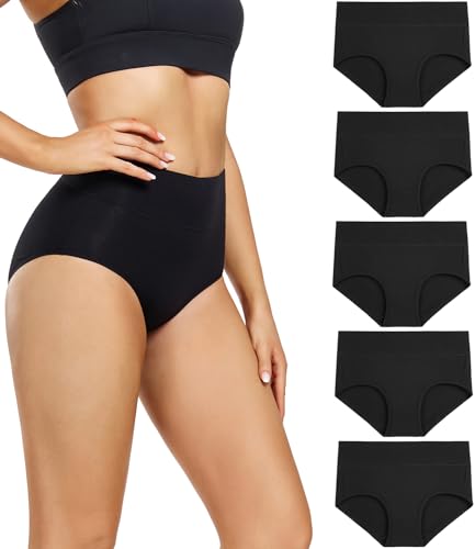 wirarpa Damen Unterhosen Baumwolle Slips Damen Hoher Taille Atmungsaktive Taillenslip Wochenbett Unterwäsche Mehrpack Größen 32-58, Schwarz-5er Pack, X-Large (46/48) von wirarpa