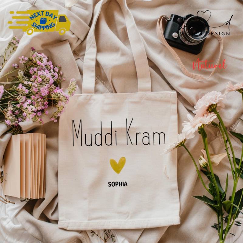 Muddi Kram Tote Bag, Personalised Jute Bag With Name, Custom Heart Print, Mama Geschenk Tasche, Mother's Stuff Shopper, Mum von wishanddesignByDilek