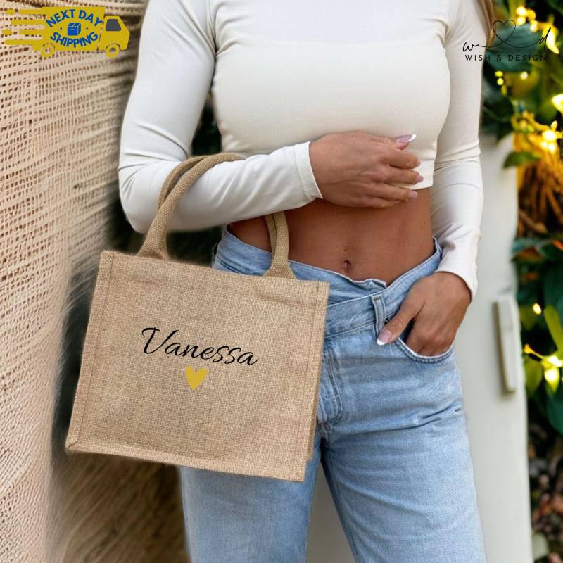 Personalisierte Jutetasche Mit Name | Kleine Große Einkaufstasche Stofftasche Herz Motiv Geschenk Für Frauen & Freundin von wishanddesignByDilek