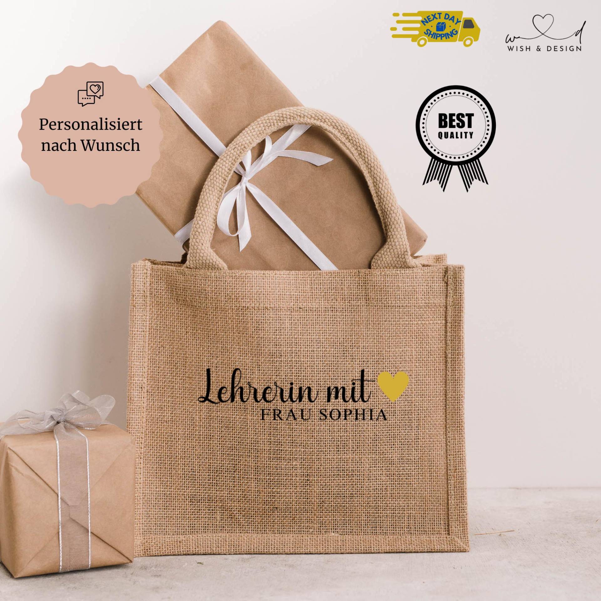 Personalisierte Lehrertasche - Geschenk Für Lehrer Oder Lehrerin Mit Herz Jutebeutel & Turnbeutel Name von wishanddesignByDilek