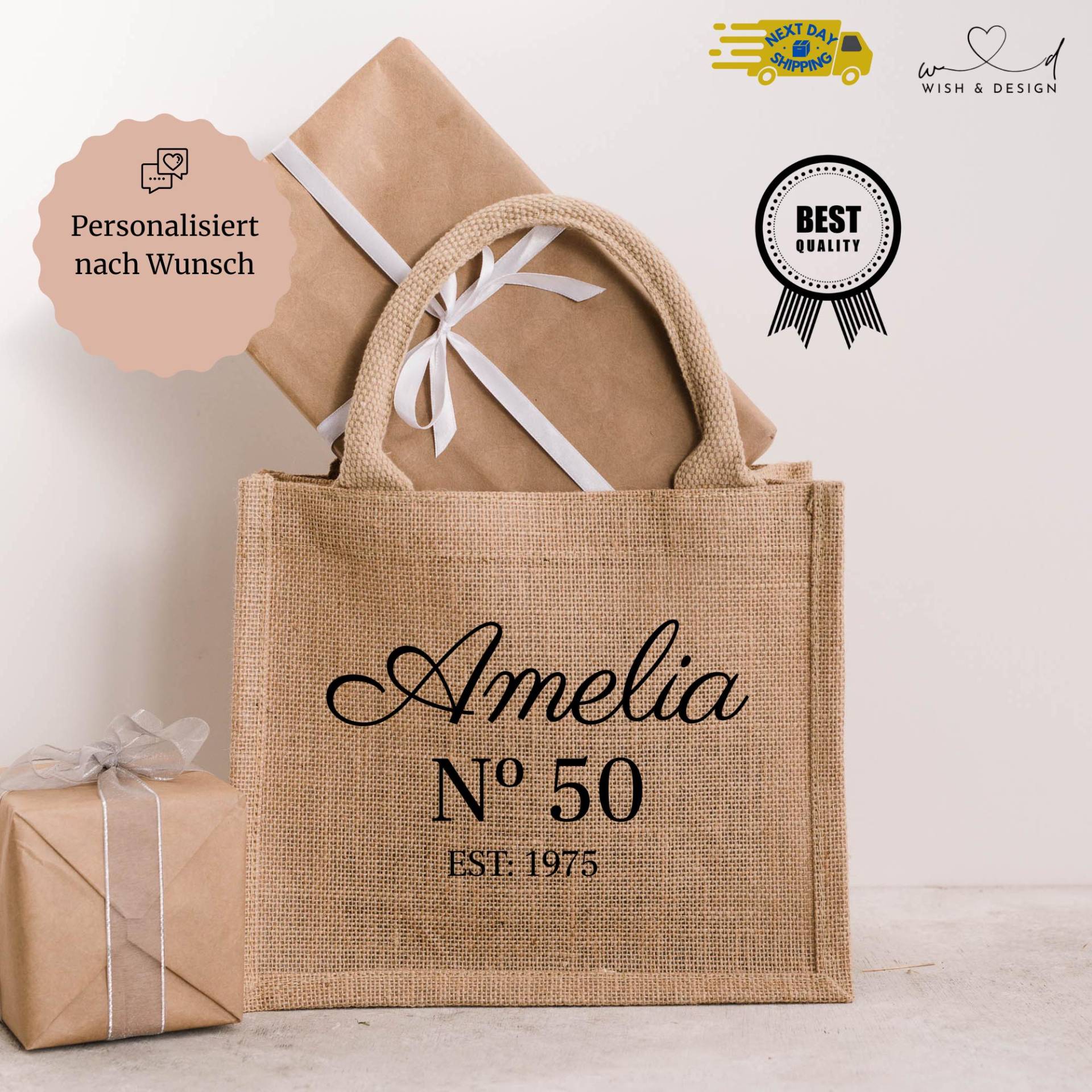 Personalisierte Tasche Mit Name Und Jahr - Elegante Geschenkidee Zum Geburtstag Oder Jubiläum Stoffbeutel von wishanddesignByDilek