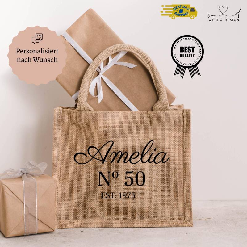 Personalisierte Tasche Mit Name Und Jahr - Elegante Geschenkidee Zum Geburtstag Oder Jubiläum Stoffbeutel von wishanddesignByDilek