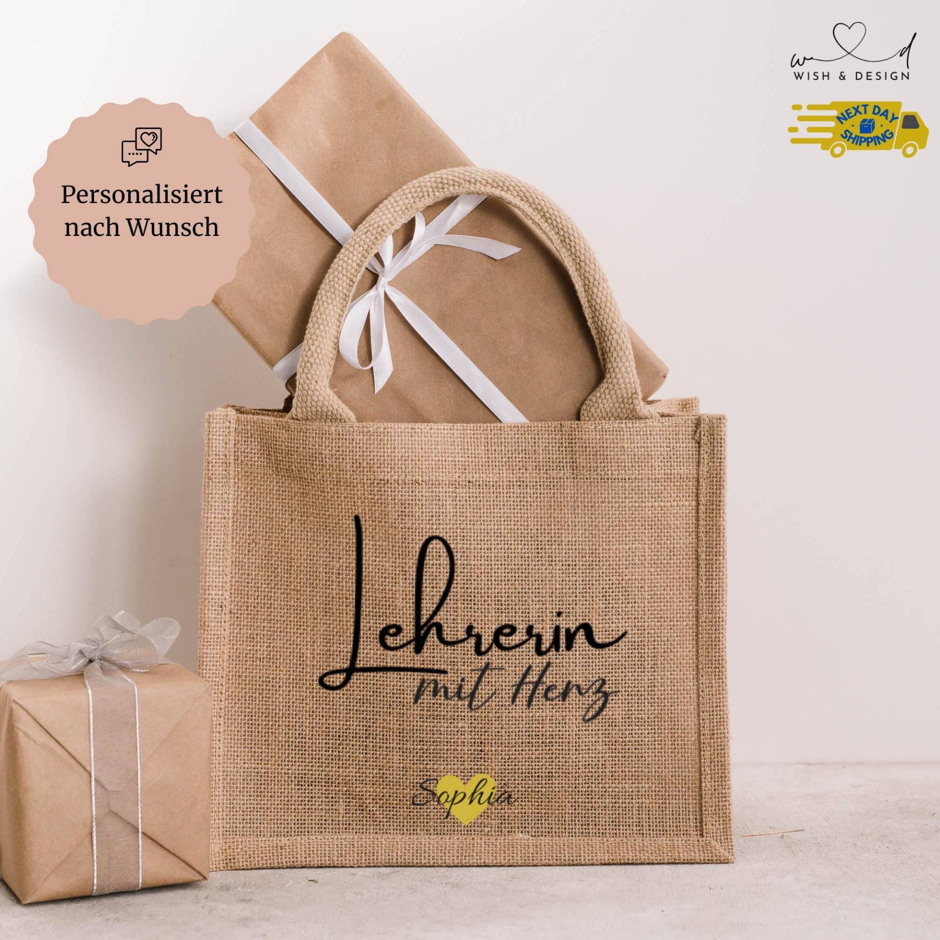 Personalisierter Jute Shopper | Individuelle Jutetasche Mit Namen Für Lehrer & Lehrerin Das Perfekte Abschiedsgeschenk Und Dankeschön von wishanddesignByDilek