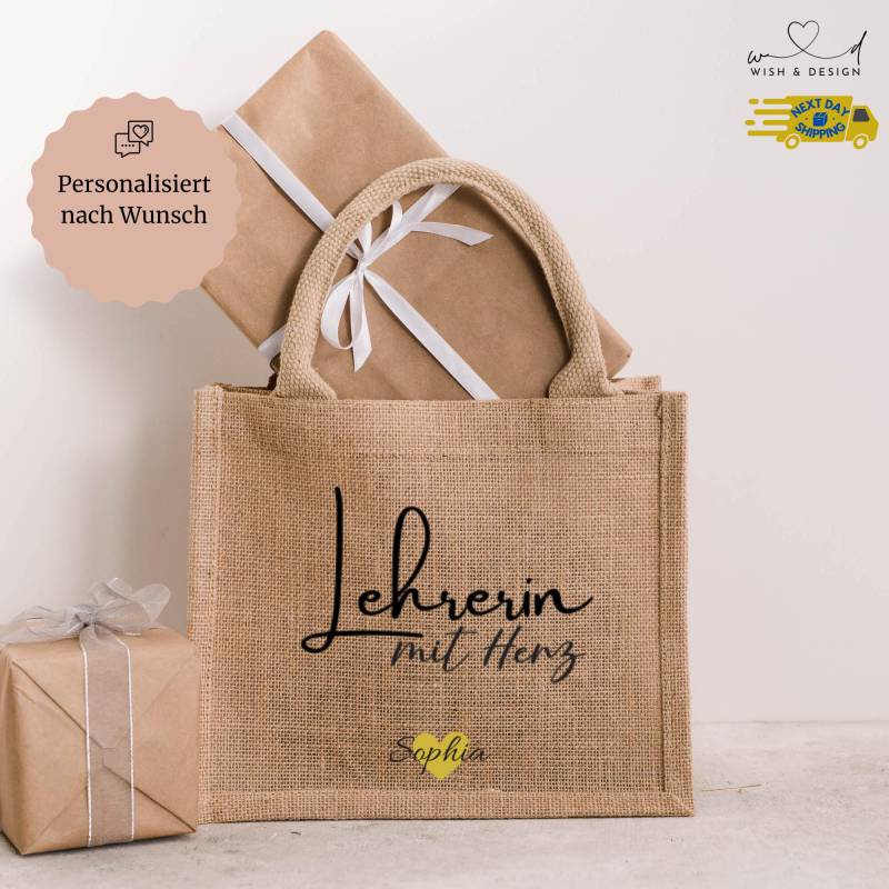 Personalisierter Jute Shopper | Individuelle Jutetasche Mit Namen Für Lehrer & Lehrerin Das Perfekte Abschiedsgeschenk Und Dankeschön von wishanddesignByDilek