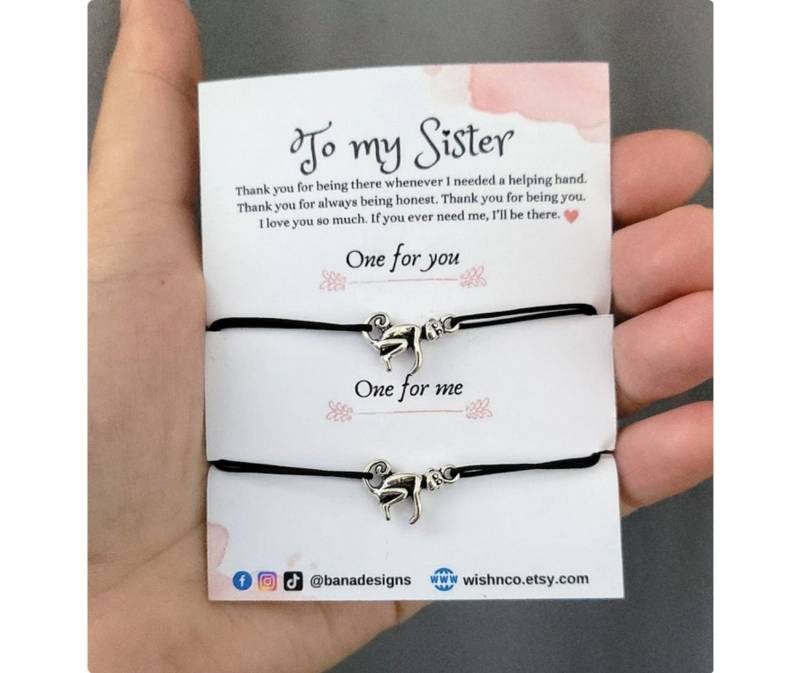 2Er Set Äffchen Schwester Armbänder Mit Verstellbarer Schnur Und Affenanhänger, Süße Dschungeltiere, Passendes Geschenk von wishnco